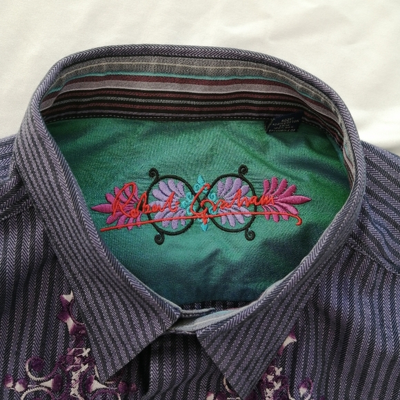 Robert Graham Men's Embroidered Purple Button Up Classic Fit XL - Picture 12 of 17